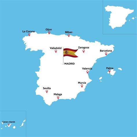 A detailed map of Spain with indexes of major cities of the country ...