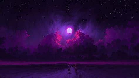 Wallpaper : digital painting, artwork, night, sky, Moon, clouds, couple, BisBiswas, purple ...