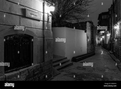 Night street in the old town of Baku city, capital of Azerbaijan ...