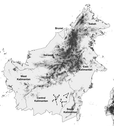 Map of Borneo with survey locations in Central Kalimantan indicated ...