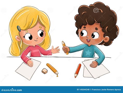 Children at School Lending a Pencil Stock Illustration - Illustration of drawing, boys: 145044248