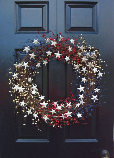 White and Blue Berry and Metal Star Americana Door Wreath 4th of July Decoration Orchid & Ivy 20 ...