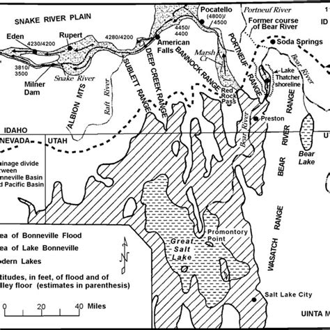 Map of Lake Bonneville and the path of its flood. Field trip stops are... | Download Scientific ...