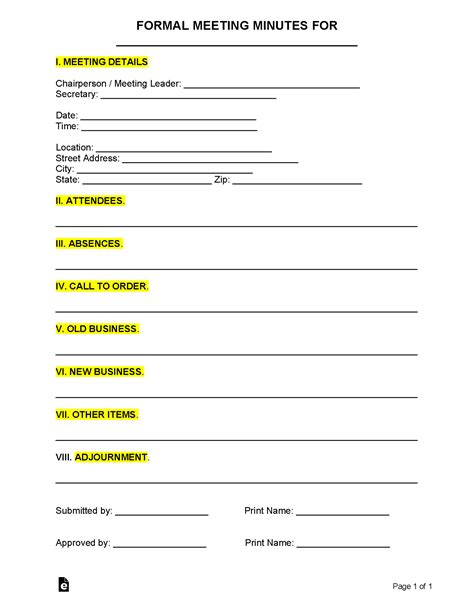 Free Formal Meeting Minutes Template | Sample - PDF | Word – eForms