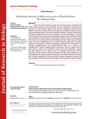 Icthyofaunal diversity of different reservoirs of Purulia District, West Bengal, India | PDF