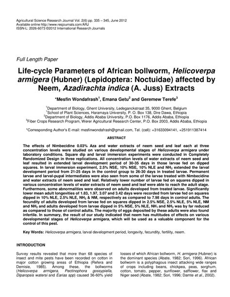 (PDF) Life-cycle Parameters of African bollworm, Helicoverpa armigera (Hubner) (Lepidoptera ...