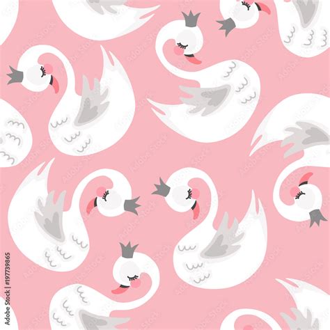 Seamless swan princess pattern. Cute princess swan. Cartoon hand drawn ...