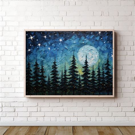 Starry Night Sky Painting, Printable Pine Tree Silhouette Wall Art ...