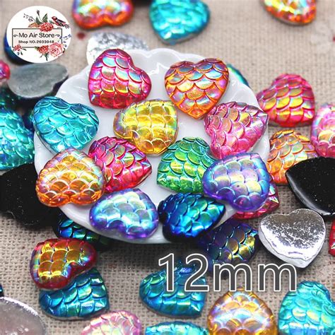 100pcs 12mm Shiny Ab Color Figure Of Fish Scale Heart Resin Flat Back ...