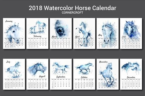 2018 Watercolor Horse Calendar printable - monthly calendar - A4 size - instant download ...