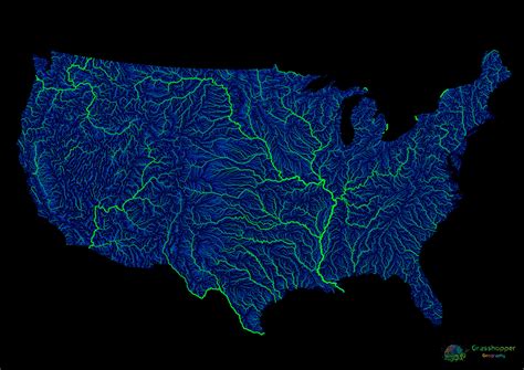 River map of the contiguous US, showing all streams and rivers. Colour changes according to the ...