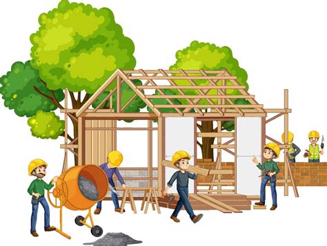 House construction site with cartoon workers 7030693 Vector Art at Vecteezy