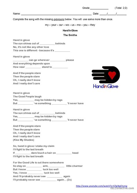 Hand in glove - The Smiths song and…: English ESL worksheets pdf & doc