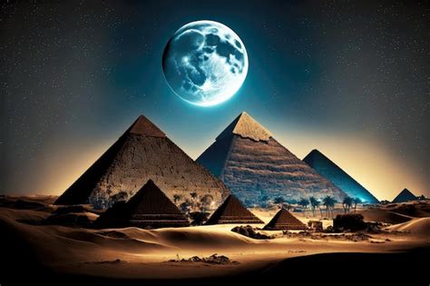 Premium Photo | Night landscape with moon and ancient egyptian pyramids