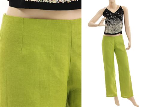 Pantalones de lino verde de verano cintura baja, pantalones de lino de ...