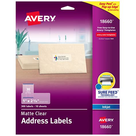 AVERY Matte Frosted Clear Address Labels for Inkjet Printers, 1" x 2-5/8", 300 Labels (18660 ...
