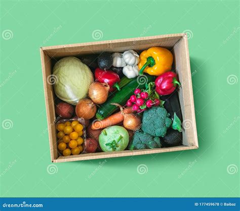 Fresh Vegetable Delivery Box On Green Background Stock Photo - Image of cabbage, pepper: 177459678