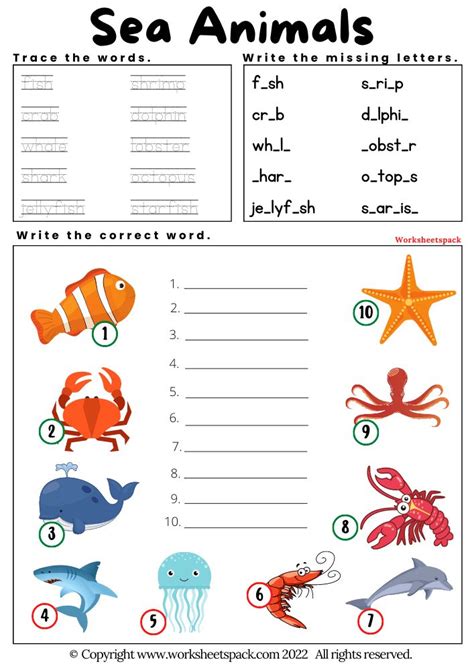 Free Printable Sea Animals Worksheets - worksheetspack | Water animals preschool, Animal ...