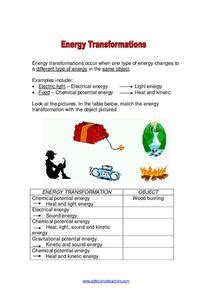 Energy Transformations Worksheet for 4th - 8th Grade | Lesson Planet