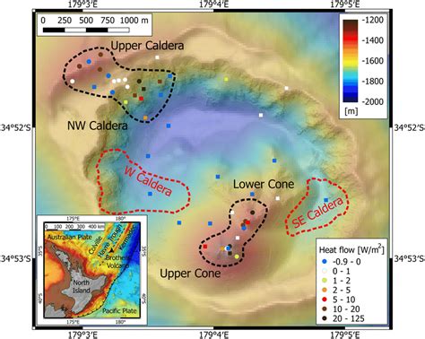 Brothers volcano bathymetry with heat flow stations marked. Squares ...