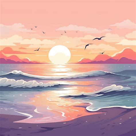 Premium AI Image | a painting of a sunset with birds flying over the ocean