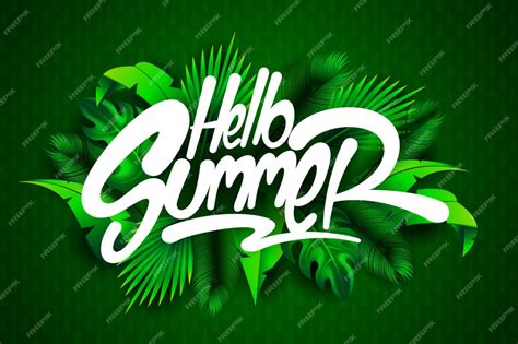 Premium Vector | Hello summer lettering font with tropical leaves