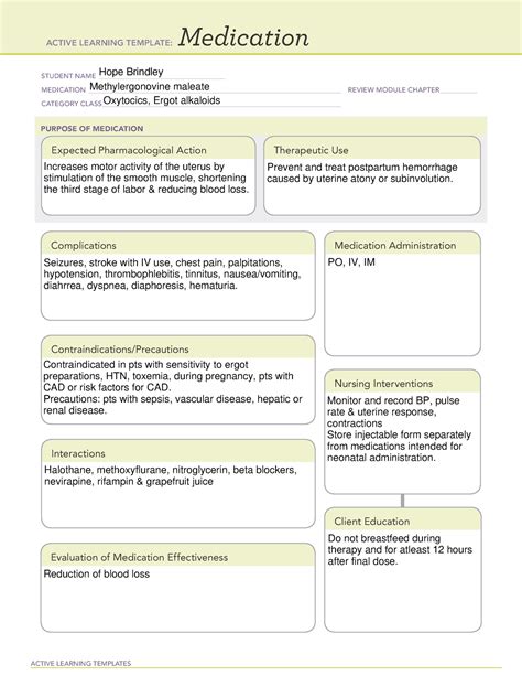 Methylergonovine maleate - ACTIVE LEARNING TEMPLATES Medication STUDENT NAME - Studocu