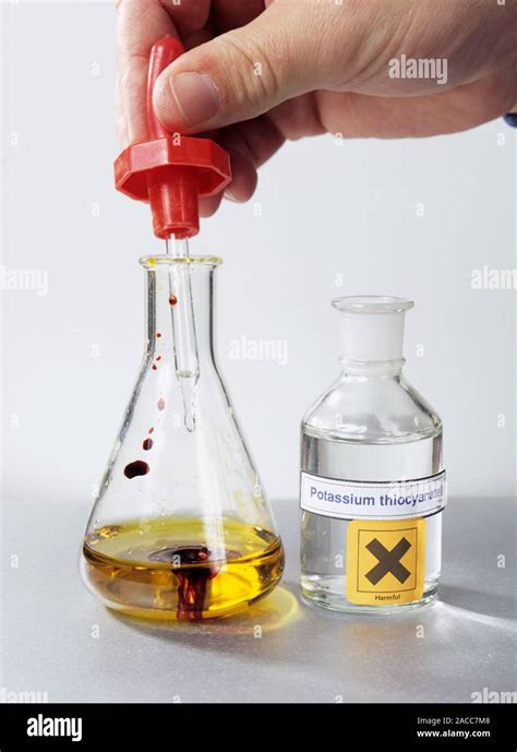 Iron test. Potassium thiocyanate solution (colourless) being added to a solution of iron (III ...