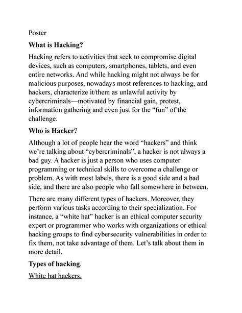 Types of hacking - Poster What is Hacking? Hacking refers to activities ...