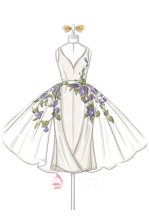 Designer Sketch of Purple Flowers Adorned Short Dress - Lunss