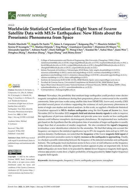 (PDF) Worldwide Statistical Correlation of Eight Years of Swarm Satellite Data with M5.5 ...