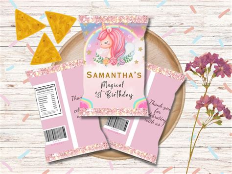 Unicorn Birthday Chip Bag Template in Canva Unicorn Chip Bag Label Chip ...