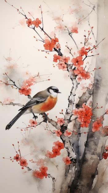 Premium AI Image | A painting of a bird sitting on a branch of a tree