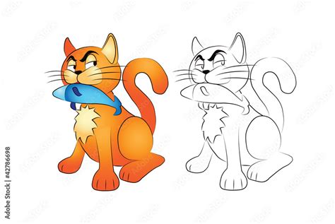 Cartoon cat with fish isolated on white Stock Vector | Adobe Stock