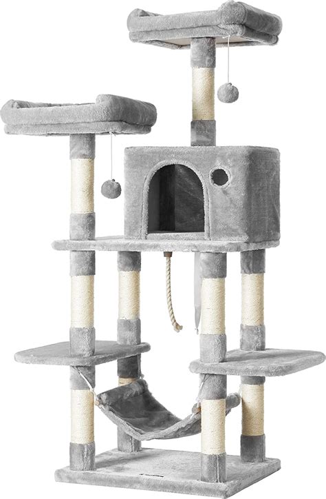 FEANDREA Cat Tree with Pompoms, Cat Tower 150 cm, Light Grey PCT85W ...