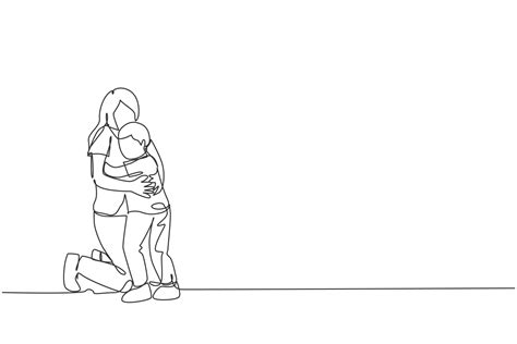 One continuous line drawing of young happy mother hugging her lovely son full of warmth at ...