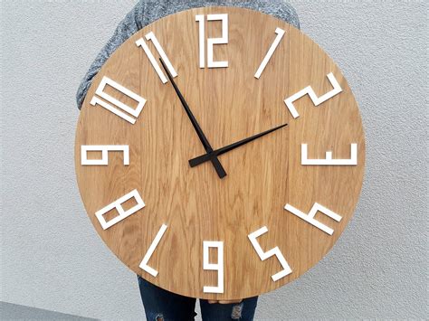 Large wall clock- wood with white numbers and black clock hands Slim_wood 23"/ 60 cm Perfect ...