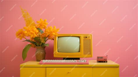 Premium AI Image | Colourful image of vintage computer monitor and keyboard