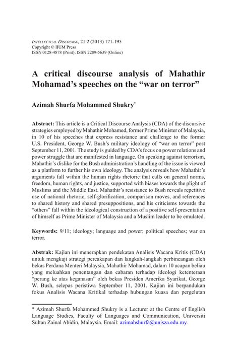 (PDF) A critical discourse analysis of Mahathir Mohamad's speeches on ...