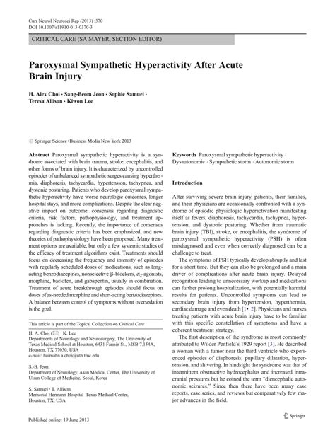 (PDF) Paroxysmal Sympathetic Hyperactivity After Acute Brain Injury