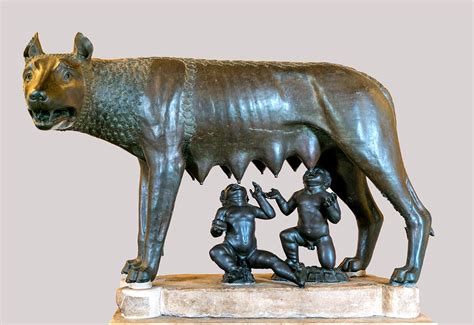 "Capitoline Wolf": Romulus and Remus suckling their wolf foster mother, bronze sculpture, c. 500 ...