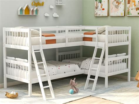 Bunk Beds Twin L-Shaped Bunk Bed, No Spring Box Needed, Solid Wood Bunk Beds Twin Over Full with ...