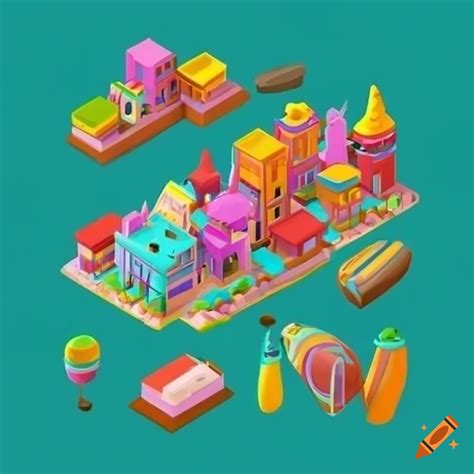 Cartoon small town with colorful magic buildings on Craiyon