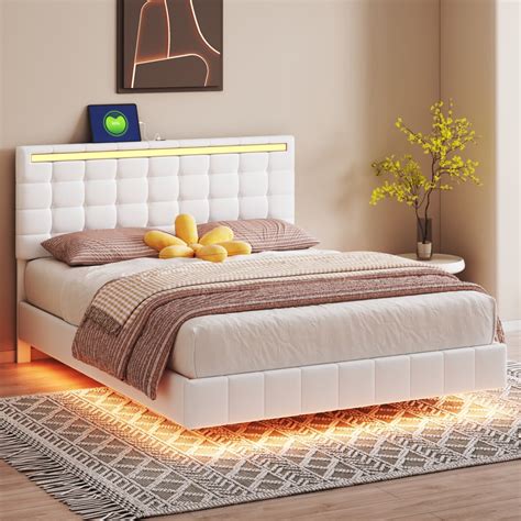 Modern Queen Floating Platform Bed with LED Lights and USB Ports ...