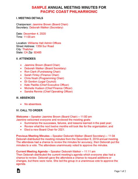 Free Annual Meeting Minutes Template - PDF | Word – eForms