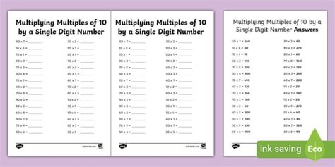 Multiplying Multiples of 10 by 1 Digit Numbers - A5 Worksheet