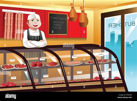 A vector illustration of butcher in a meat shop Stock Vector Image ...