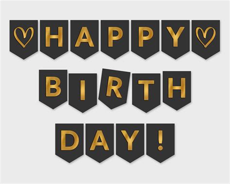 Printable Happy Birthday Banner / Black & Gold Foil Flags / | Etsy