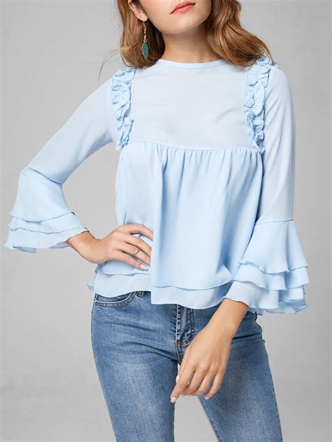 2018 Flare Sleeve Tiered Chiffon Ruffle Blouse In Light Blue S | Rosegal.com