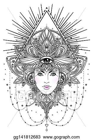 EPS Illustration - Tribal fusion boho diva. beautiful asian divine woman with ornate crown ...